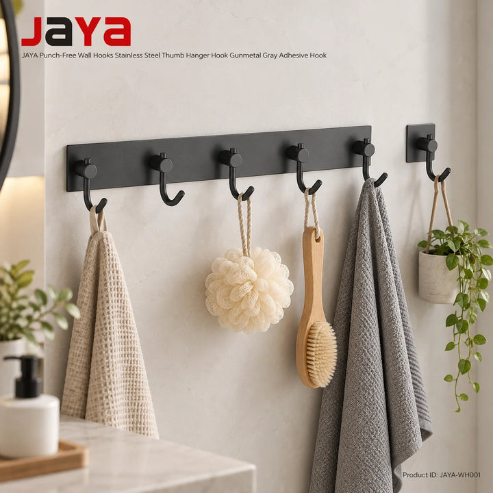 JAYA Punch-Free Wall Hooks Stainless Steel Thumb Hanger Hook Gunmetal Gray Adhesive Hook for Bathroom Shower and Storage Shelf