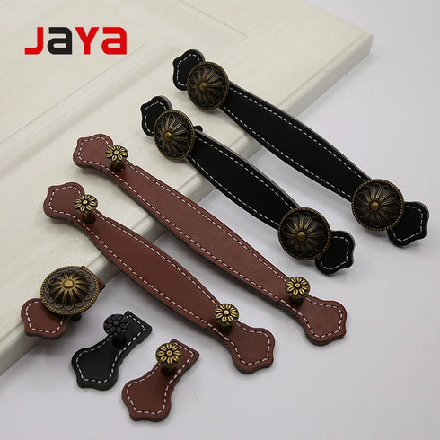 JAYA Nordic Brown Black Leather Strap Cabinet Pull Handles Antique Bronze Knobs for Wardrobe Drawers