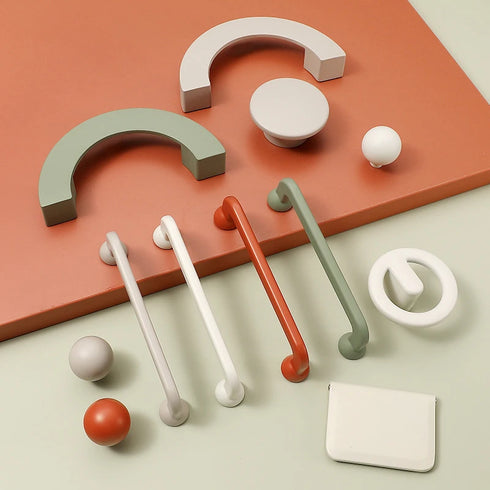 JAYA Modern Colorful Zinc Alloy Half Moon Cabinet Handles and Round Knobs for Kitchen Wardrobe Drawer Furniture