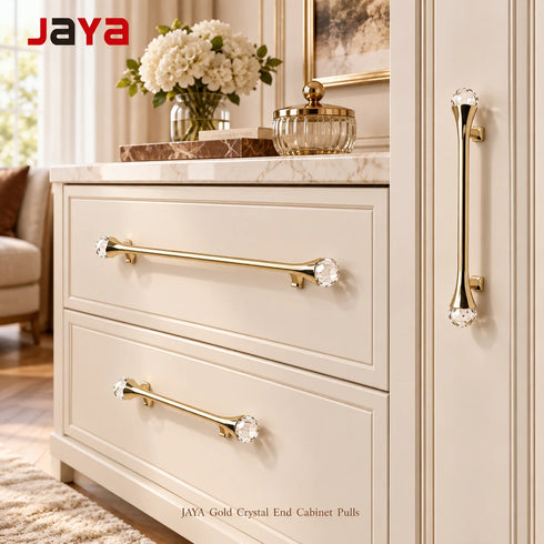 JAYA Gold Crystal End Cabinet Pulls Zinc Alloy Wardrobe Drawer Furniture Door Handles