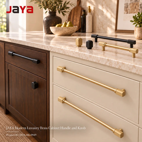 JAYA Modern Luxury Golden Brass Furniture Drawer Cupboard Pull Knobs Kitchen Cabinet Handles for Bedroom Villa & Outdoor Use