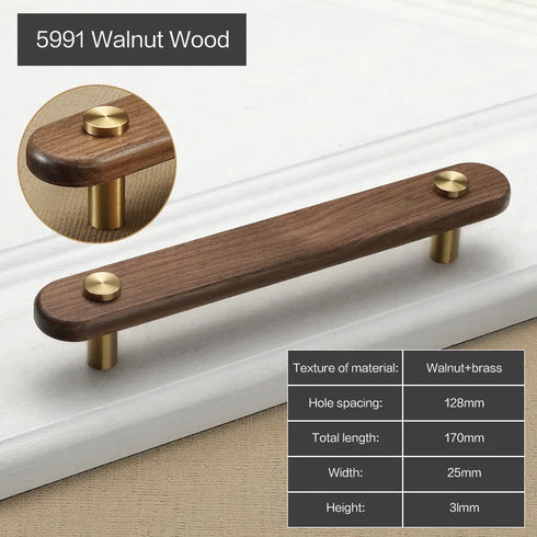 JAYA Solid American Walnut Cabinet Handles Drawer Pulls and Knobs with Brass Accents for Kitchen Wardrobe Cupboard Furniture