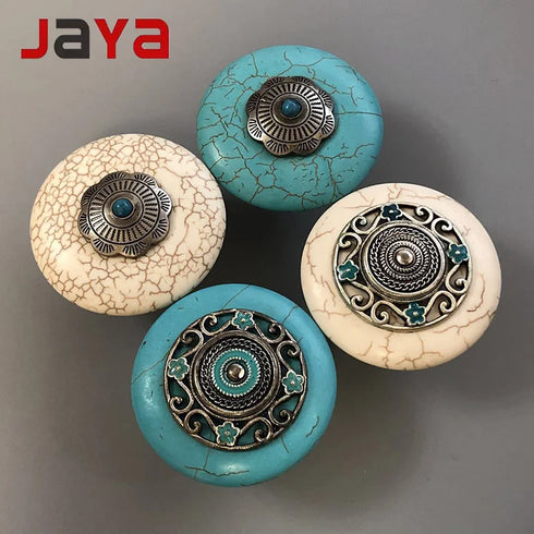 JAYA Vintage Synthetic Turquoise Cabinet Knobs Zinc Alloy Round Single Hole Drawer Pulls Blue Ivory for Dresser Wardrobe