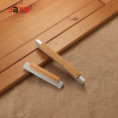 JAYA Modern Solid Wood Cabinet Pull Handles with Black Metal Base Drawer Pulls for Kitchen Wardrobe Cupboard Furniture