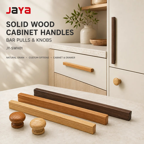 JAYA Modern Minimalist Solid Wood Cabinet Handles and Round Knobs Custom Wooden Drawer Pulls for Kitchen Cupboard Wardrobe