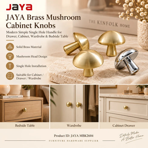 JAYA Modern Simple Single Hole Drawer Cabinet Bedside Table Creative Mushroom Head Small Handle Made Brass Living Room Durable