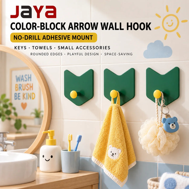 JAYA Color-Block Arrow Wall Hook No-Drill Adhesive Plastic Hanger for Kids Bathroom Towels Keys and Small Accessories