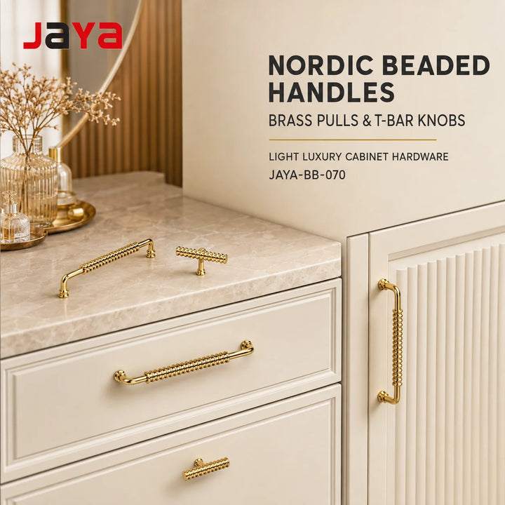 JAYA Nordic Light Luxury Brass Beaded Cabinet Pull Handles and T-Bar Knobs for Drawers Wardrobes