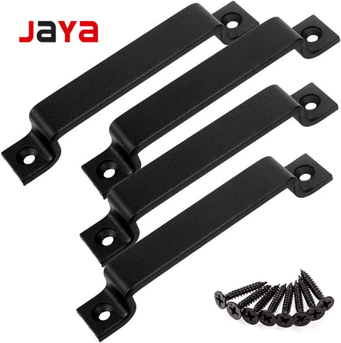 JAYA Matte Black Carbon Steel Barn Door Pull Handle with Mounting Screws for Wooden Sliding Cabinet Kitchen Partition Door