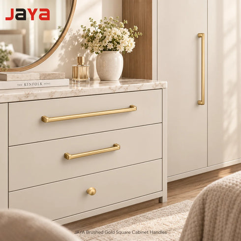 JAYA Brushed Gold Brass Cabinet Handles Modern Round Wardrobe Drawer Pulls and Knobs