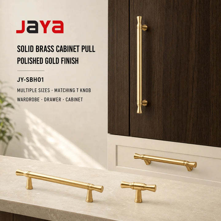 JAYA Solid Brass Cabinet Pull Handle Gold Wardrobe Drawer Door Handle for Kitchen Dresser and Furniture