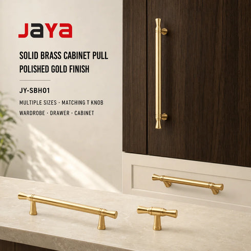 JAYA Solid Brass Cabinet Pull Handle Gold Wardrobe Drawer Door Handle for Kitchen Dresser and Furniture