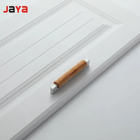 JAYA Modern Solid Wood Cabinet Pull Handles with Black Metal Base Drawer Pulls for Kitchen Wardrobe Cupboard Furniture