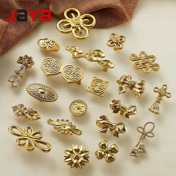 JAYA Chinese Brass Furniture Door Handle Pure Copper Flower Shaped Bow Wardrobe Door Handle Knobs