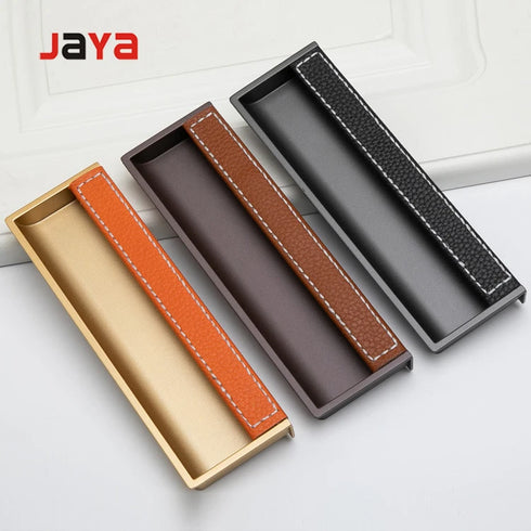 JAYA Leather Zinc Alloy Handle Furniture Modern Style Shift Embedded Door Latch Handle