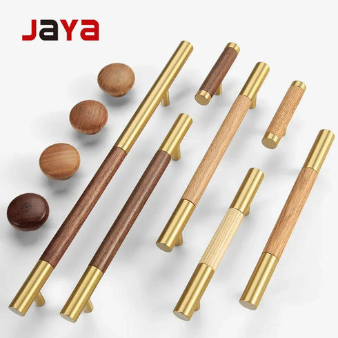 JAYA Walnut Beech Wood Furniture Handles Brass Kitchen Cabinet Door Drawer Knobs Pulls Wooden Handles