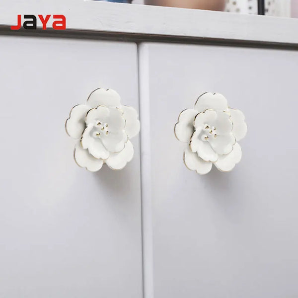 JAYA White Camellia Ceramic Handle Wall Wall Decoration Hand Painted Gold Wardrobe Kitchen Cabinet Furniture Cabinet Door Handle