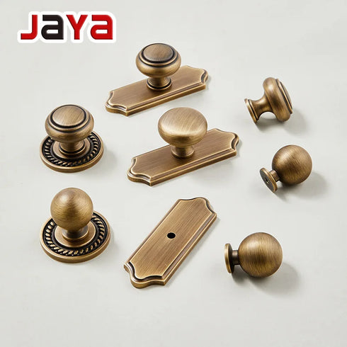 JAYA Antique Brass Finish Cabinet Knobs with Backplates Vintage Single Hole Drawer Pulls for Kitchen Wardrobe Dresser Furniture