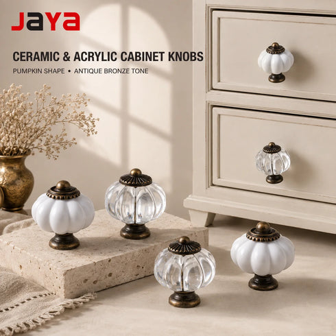 JAYA White Ceramic and Clear Acrylic Cabinet Knobs Pumpkin Shape Single Hole Drawer Pulls for Kitchen Wardrobe Dresser Cupboard
