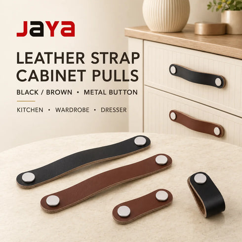 JAYA Leather Strap Cabinet Pull Handles Metal Button Drawer Pulls for Kitchen Wardrobe Dresser Furniture