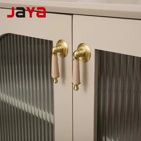 JAYA Brass Leather Modern Kitchen Handle Furniture Knobs Classical Drawer Pull Bedroom Cabinet Dresser Door Handle Easy