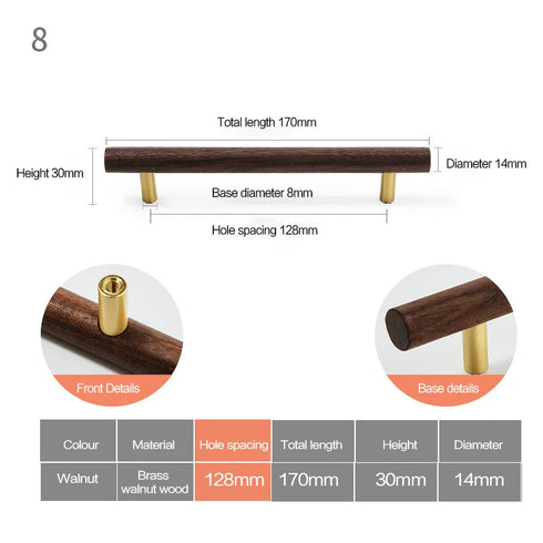 JAYA Modern Natural Wood Cabinet Pull Handles and Knobs with Gold Posts for Kitchen Wardrobe Drawer Cupboard Furniture