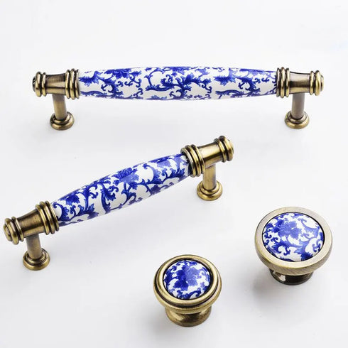 JAYA Blue and White Porcelain Cabinet Handles and Knobs Antique Bronze Drawer Pulls for Kitchen Wardrobe Cupboard Dresser