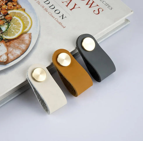 JAYA Leather Loop Cabinet Pull Handles with Brass Knobs Modern Drawer Pulls for Wardrobe Cupboard Dresser Bedroom Furniture