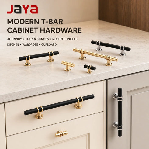 JAYA Modern Aluminum T Bar Cabinet Pull Handles and T Knobs Black Gold Drawer Pulls for Kitchen Wardrobe Cupboard Furniture