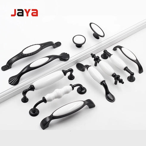 JAYA European style zinc alloy and ceramic handles black and white 2 hole  kitchen or bedroom drawer handles