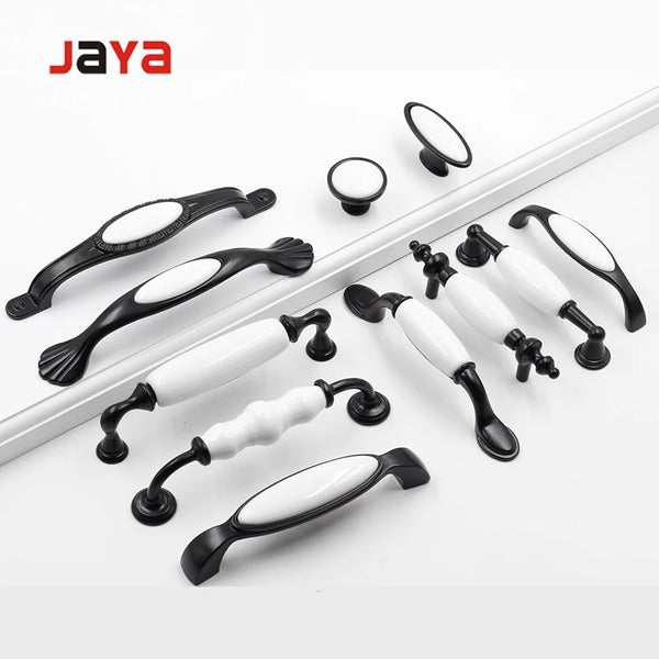 JAYA European style zinc alloy and ceramic handles black and white 2 hole  kitchen or bedroom drawer handles