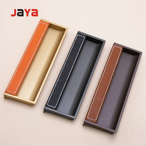 JAYA Leather Zinc Alloy Handle Furniture Modern Style Shift Embedded Door Latch Handle