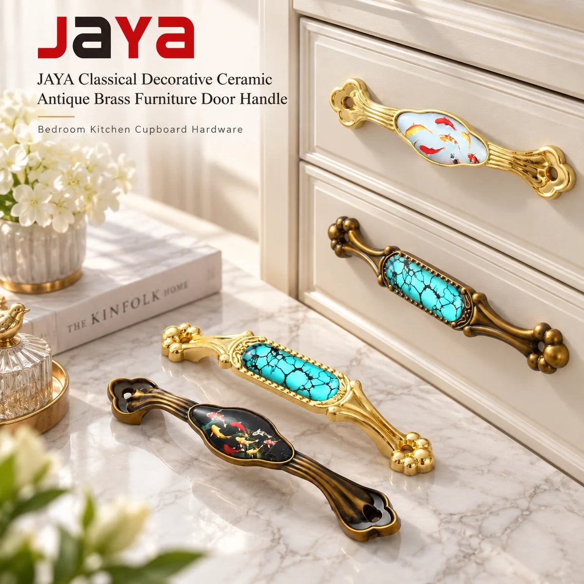 JAYA Bedroom Kitchen Cupboard Handle Classical Decorative Ceramic Antique Brass Zinc AlloyTibetan Style Furniture Door Handle