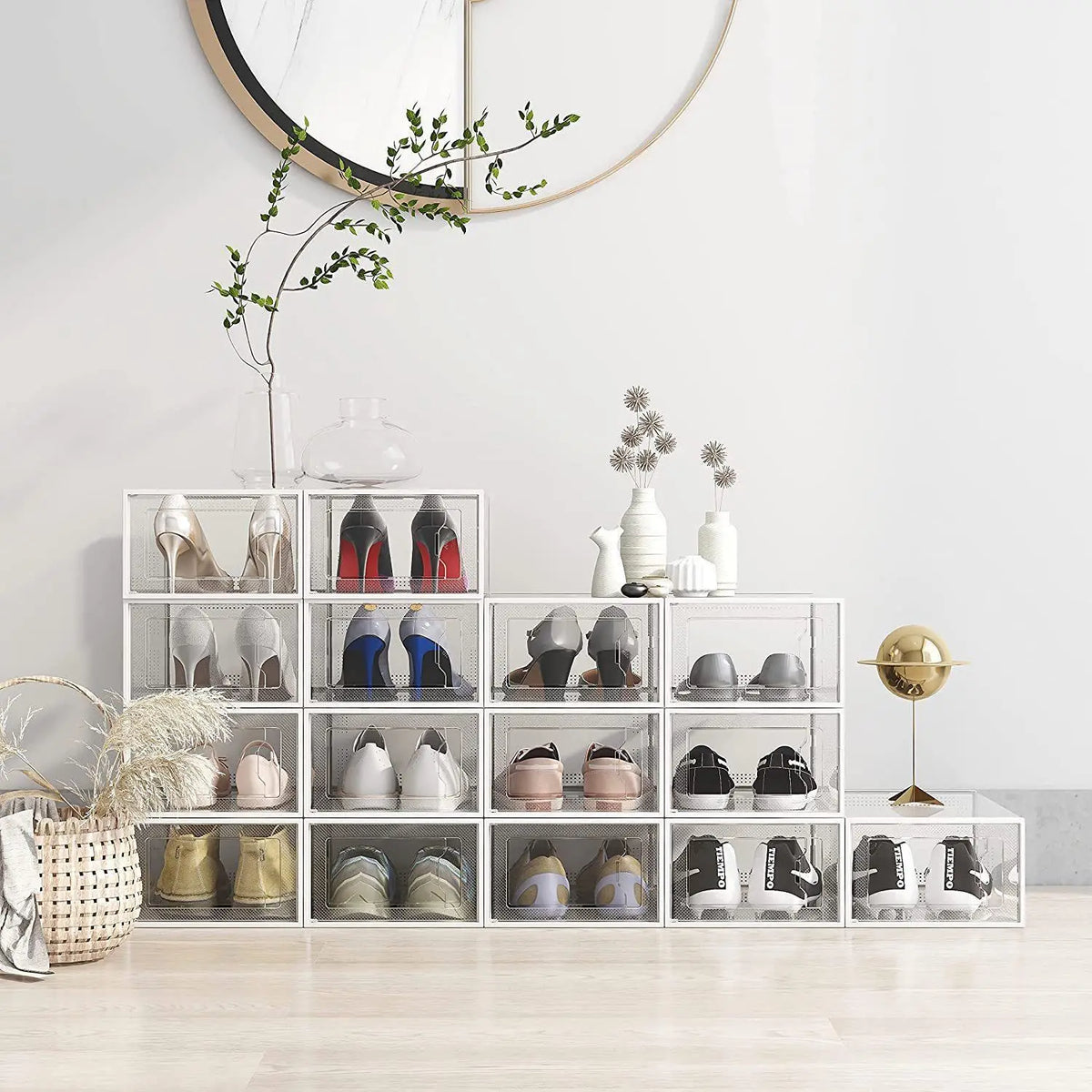 JAYA Stackable Transparent Plastic Shoe Boxes Front Opening Sneaker Storage Organizer Cabinet for Closet Entryway Wholesale