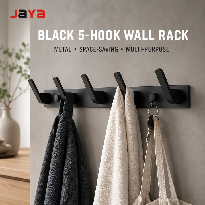 JAYA Black Metal 5-Hook Wall-Mounted Coat Rack Modern Towel Robe Clothes Hanger for Bathroom Entryway Bedroom