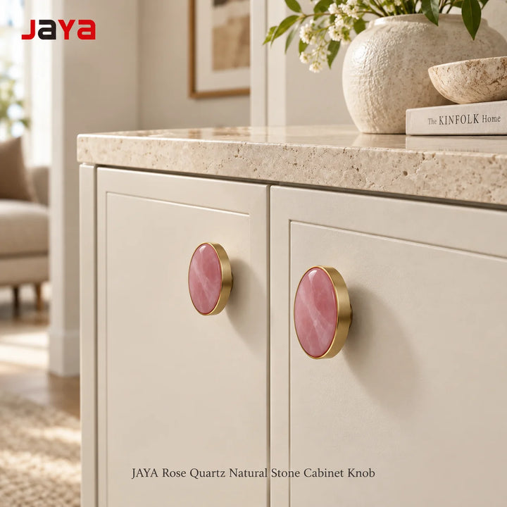 JAYA Natural Rose Quartz Stone Cabinet Knob with Brass Base for Living Room Shoe Cabinet Drawer Wardrobe Furniture Hardware
