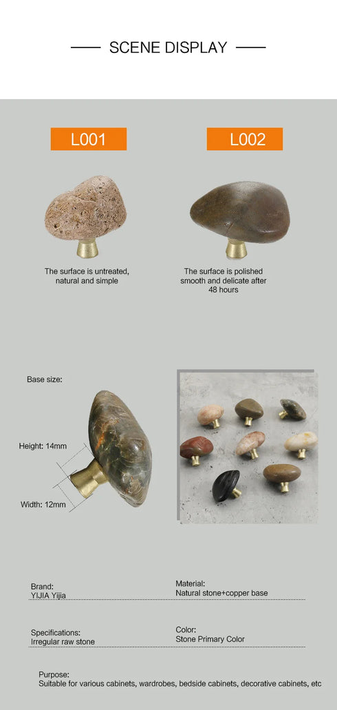 JAYA Natural Pebble Stone Cabinet Knobs with Brass Base Mini Drawer Pulls for Kitchen Wardrobe and Furniture Doors