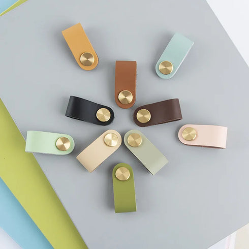JAYA Leather Loop Cabinet Pull Handles with Brass Knobs Modern Drawer Pulls for Wardrobe Cupboard Dresser Bedroom Furniture