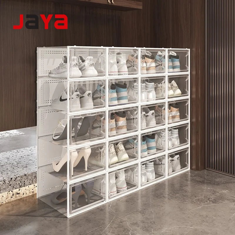 JAYA Stackable Transparent Plastic Shoe Boxes Front Opening Sneaker Storage Organizer Cabinet for Closet Entryway Wholesale