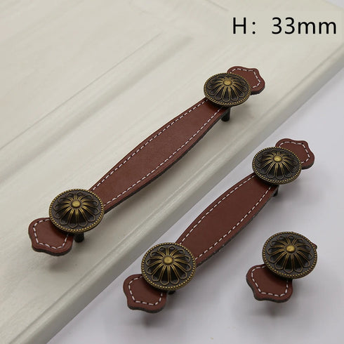 JAYA Nordic Brown Black Leather Strap Cabinet Pull Handles Antique Bronze Knobs for Wardrobe Drawers
