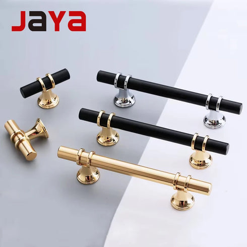 JAYA Modern Aluminum T Bar Cabinet Pull Handles and T Knobs Black Gold Drawer Pulls for Kitchen Wardrobe Cupboard Furniture