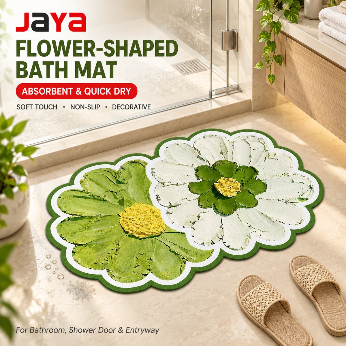 JAYA Flower Shaped Bath Mat Water Absorbent Quick Dry Non Slip Soft Bathroom Carpet Shower Door Floor Pad for Home