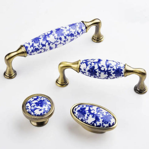 JAYA Blue and White Porcelain Cabinet Handles and Knobs Antique Bronze Drawer Pulls for Kitchen Wardrobe Cupboard Dresser