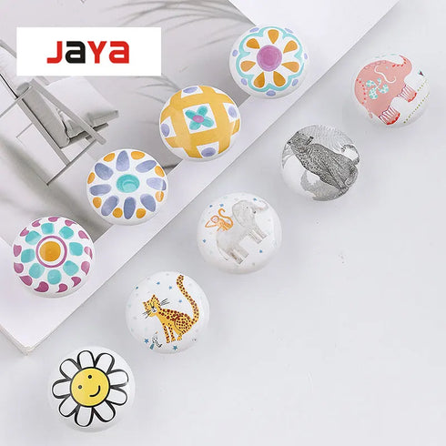 JAYA Modern American Cartoon Ceramic Drawer Handle Single Hole Round Illustration for Children's Room Kitchen Dresser Cabinet