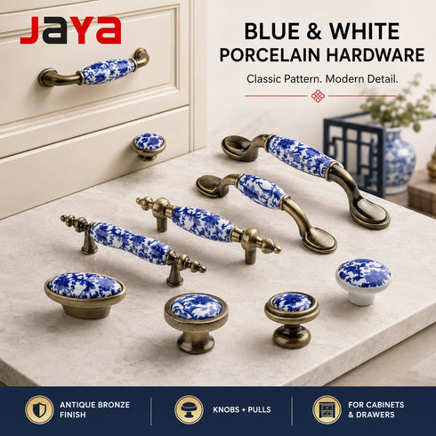 JAYA Blue and White Porcelain Cabinet Handles and Knobs Antique Bronze Drawer Pulls for Kitchen Wardrobe Cupboard Dresser