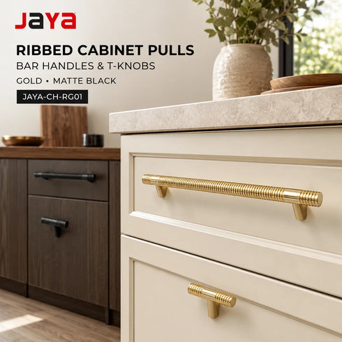 JAYA Ribbed Gold Brass Finish Cabinet Pull Handles and T Knobs Matte Black Kitchen Drawer Furniture Hardware
