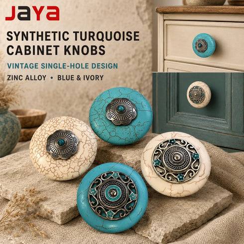 JAYA Vintage Synthetic Turquoise Cabinet Knobs Zinc Alloy Round Single Hole Drawer Pulls Blue Ivory for Dresser Wardrobe