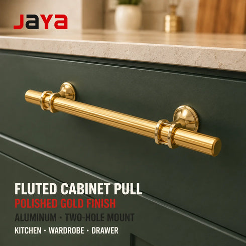 JAYA Polished Gold Aluminum Fluted Cabinet Pull Handle Two Hole Drawer Handle for Kitchen Wardrobe Furniture