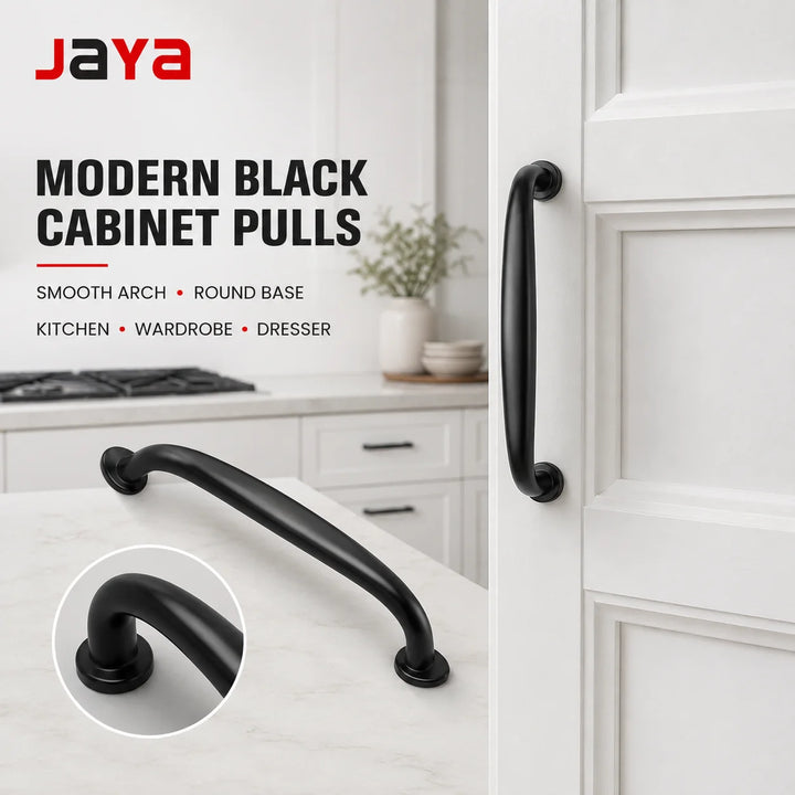 JAYA Modern Black Arch Cabinet Pull Handles Curved Bar Drawer Pulls Round Base for Kitchen Wardrobe Cupboard Dresser Furniture