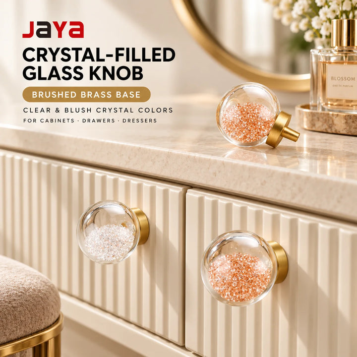 JAYA Crystal-Filled Glass Ball Cabinet Knob with Brass Base for Dresser Drawer Cupboard Wardrobe and Furniture Doors